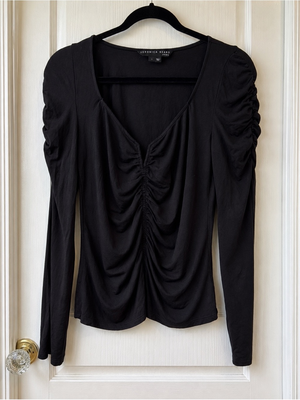 Veronica Beard Black Ruched Scoop-Neck Long Sleeve Top